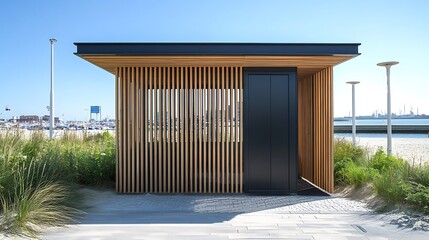 Modern wooden beach shelter with black roof and door, set against a sandy beach with dunes and a blue sky.