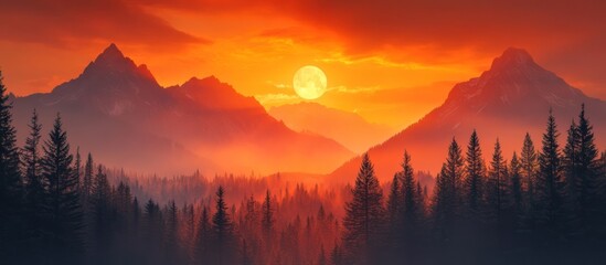 Sticker - A dramatic sunset over a mountain range with a large, bright moon in the sky.  The sun is setting in the background, and the mountains are silhouetted against the orange sky.