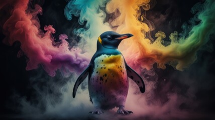 Wall Mural - Penguin in Colorful Smoke