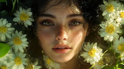 Sticker - Woman with Daisies and Water Drops - Surreal Portrait Photography