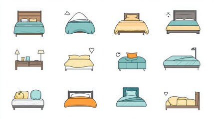 Poster - Bedding thin line icon set. Containing a blanket, bed, pillow, mattress, duvet, bed frame, sheet, headboard, nightstand