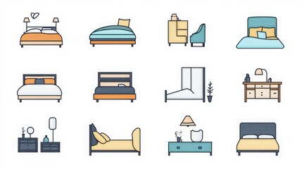 Wall Mural - Bedding thin line icon set. Containing a blanket, bed, pillow, mattress, duvet, bed frame, sheet, headboard, nightstand