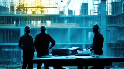 Wall Mural - Generate a photo realistic image of project managers negotiating construction project contracts, with contract documents, negotiation table, legal advisors, and construction site overview visible