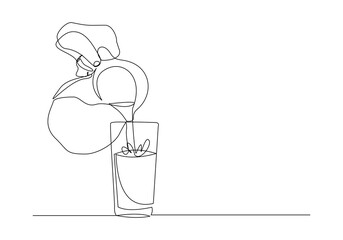 Wall Mural - Continuous single line sketch drawing of hand pouring a jug tea pot jar of fresh milk juice into glass. advertisement one line art concept vector illustration