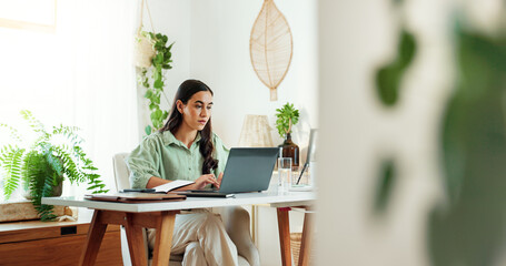 Poster - Typing, reading and woman in home office with laptop, research and checking email for web project. Remote work, report and freelance writer at desk with computer, business planning and online article