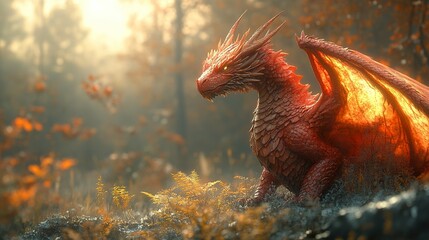 Canvas Print - Majestic Red Dragon in a Sunlit Forest