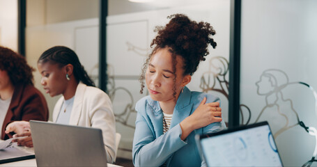 Fototapete - Tired, stress and businesswoman in office in meeting for mistake, crisis or failure in project. Discussion, laptop and female creative designer with team for startup company with anxiety for deadline