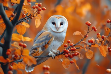 Beautiful barn owl perched among vibrant red berries