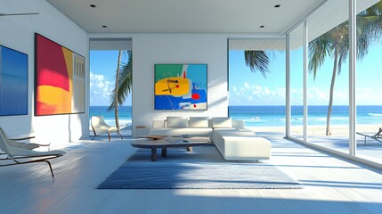 Wall Mural - Modern living room with white furniture, blue rug, and abstract artwork, overlooking a beach with blue ocean and palm trees.