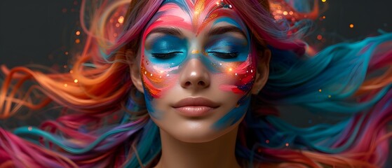 Wall Mural - Colorful portrait of painted woman with exploding hair