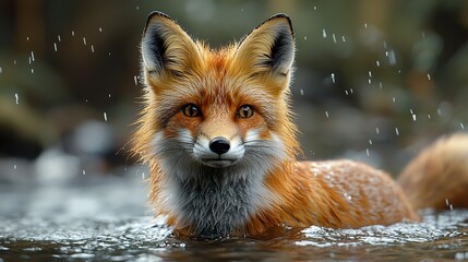 Wall Mural - Red Fox in Water: A Close-Up Portrait of a Wild Animal