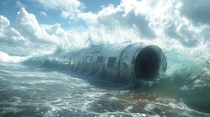 Wall Mural - Airplane Wreckage in a Crashing Wave - Dramatic Ocean Landscape Photography