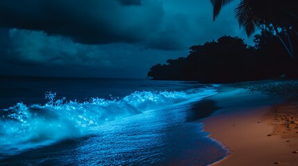 Bio luminescent waves crashing on a sandy beach at night.