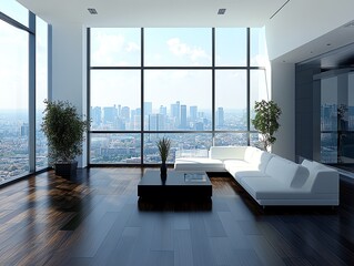 Poster - Modern living room with a cityscape view, featuring a white sectional sofa, a coffee table, and plants.