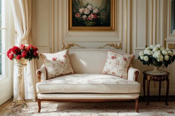 Wall Mural - A vintage-style living room featuring a floral sofa, elegant decor, and beautiful flower arrangements, creating a cozy and inviting atmosphere.