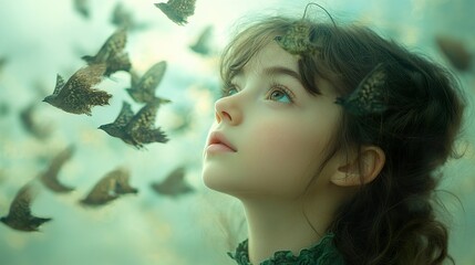 Poster - Dreamy Portrait of a Young Girl Surrounded by Birds