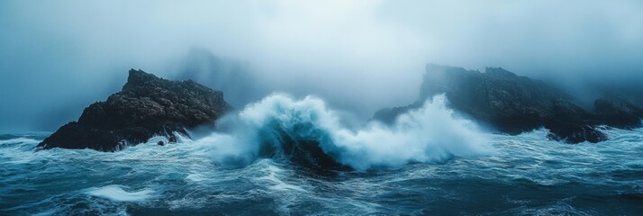  Waves crashing against rugged cliffs, dynamic energy, contrasting textures, serene backdrop, nature's raw power on display