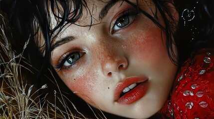 Canvas Print - Close-Up Portrait of a Woman with Freckles and Red Lips