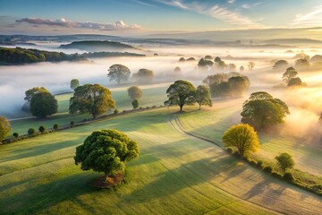 A high angle view over misty fields with trees and grass