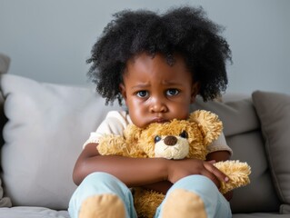 Sticker - A sad little girl hugging her toy bear. AI.