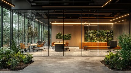 Aufkleber - Modern office interior with glass walls and lush green plants.