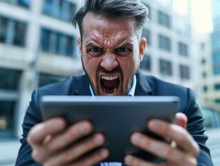 Canvas Print - A man yells at his tablet in frustration. AI.