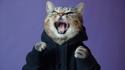 Sticker - A cat wearing a black hoodie with its mouth wide open. AI.