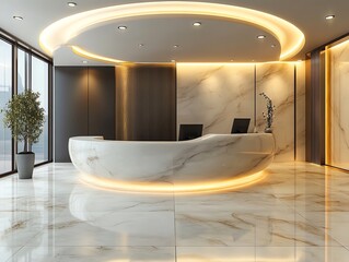 Aufkleber - Modern office reception desk with marble walls and a curved ceiling.