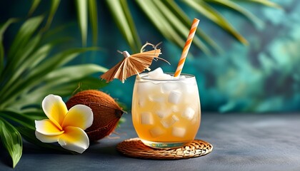 Wall Mural - Tropical coconut drink with ice, straw, and palm leaf garnish, ideal for summer vibes.