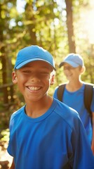 Poster - A young boy smiles while wearing a blue hat and shirt in a forest. AI.