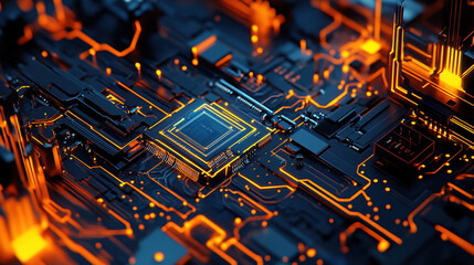 Ultra high definition image of chips and electronic circuit boards on a dark background, with a light orange, sky blue, light indigo and gold color scheme, delicate lines and sophisticated design.