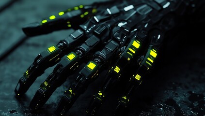 Wall Mural - 3d render of black and neon yellow mechanical claws with wires, on dark background, low angle shot