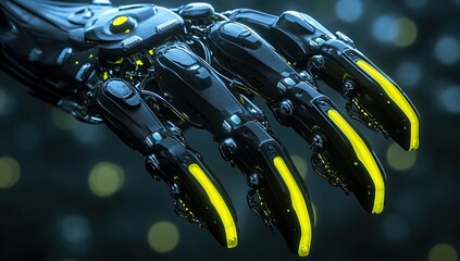 Wall Mural - 3d render of black and neon yellow mechanical claws with wires, on dark background, low angle shot