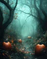 Wall Mural - Mysterious Pumpkins in an Enchanted Forest