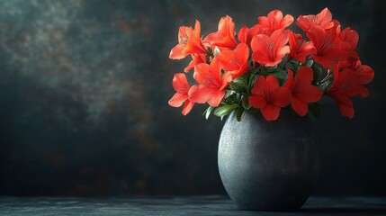 Wall Mural - A vibrant bouquet of red flowers in a dark vase.