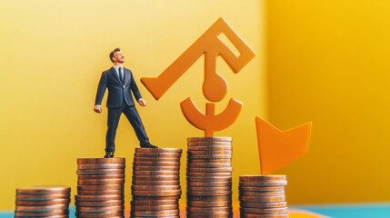 Interest rate and dividend concept featuring a businessman alongside a percentage symbol and an upward arrow. Illustrates the ongoing increase in interest rates, returns on stocks and mutual funds, an