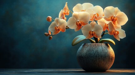 Wall Mural - A beautiful arrangement of orchids in a wooden vase.