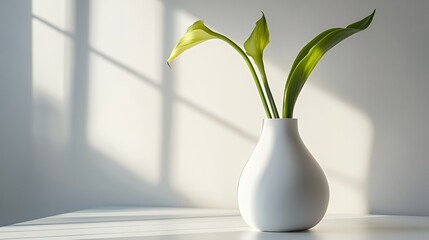 Wall Mural - Two green calla lily flowers in a white vase on a white table with sunlight shining through the window behind.