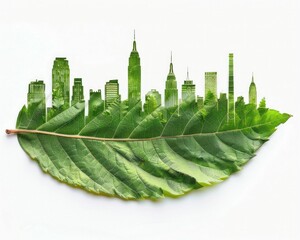 Green city skyline silhouette on leaf, showcasing urban nature connection and sustainability concepts Vibrant colors highlight ecological themes and modern architecture