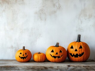 Canvas Print - Halloween pumpkins on wooden table against aged white wall