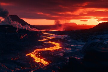 A breathtaking view of molten lava flowing through a rocky landscape under a dramatic sunset sky.