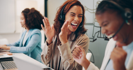 Poster - Group of people, business and celebration in call center, office and company for success or achievement. Team, clapping and excited with sale, deal or teamwork with colleagues, together and happiness