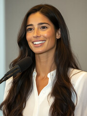 Wall Mural - A smiling, gorgeous, professional woman with long, dark hair in a white shirt is giving a speech at a press conference.