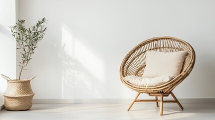 Wall Mural - A wicker chair with a cushion sits in a bright room with a plant in a woven basket.