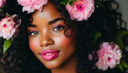 Radiant Black Woman Embracing Nature with Flowers in Curly Hair and Stunning Pink Makeup