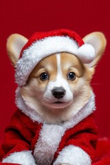 Wall Mural - cute corgi puppy dog wearing a red santa clause costume - studio portrait on red background