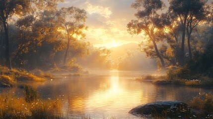 Poster - Golden Hour Sunset Over a Serene River in the Forest