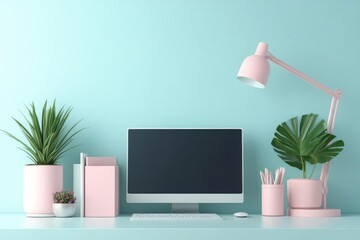 A stylish workspace featuring a computer, plants, and a lamp against a mint green background for a fresh, modern look.