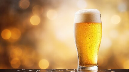 A glass of golden beer with foam, isolated on a blurred background.