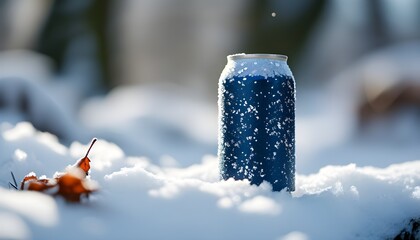 Wall Mural - Frosty Aluminum Can Surrounded by Fresh Snow - Invoking the Essence of Winter Refreshment and Natures Chill